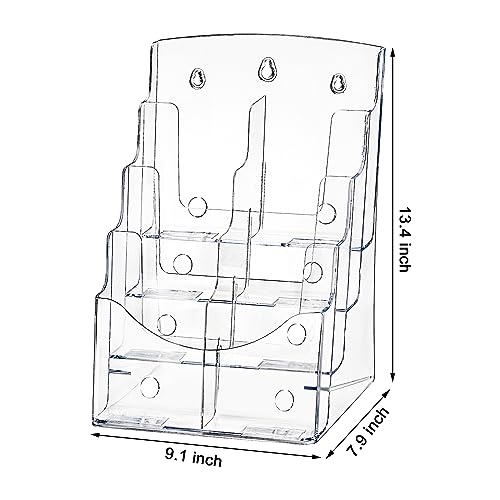4 Tier Acrylic Brochure Holder 8.5 x 11 Inch, Clear Literature Organizer Magazine Stand with Removable Divider for 4x9 Inch Brochures, Pamphlet Flyer Display Stand for Wall Mount or Countertop