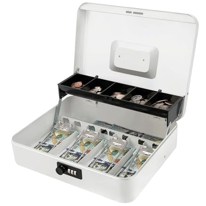 Jssmst Metal Cash Box with Money Tray and Lock, Portable Cash Drawer, 11.8" - color: White Code-A