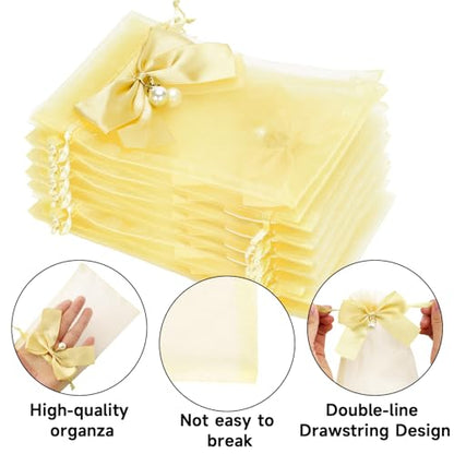 joycraft 4x6 In Organza Bags with Bow, 30Pcs Gold Party Favor Bag, Jewelry Pouches with Drawstring, Sheer Mesh Drawstring Bags for Jewelry, Makeup, Candy, Desserts - color: Gold Bow