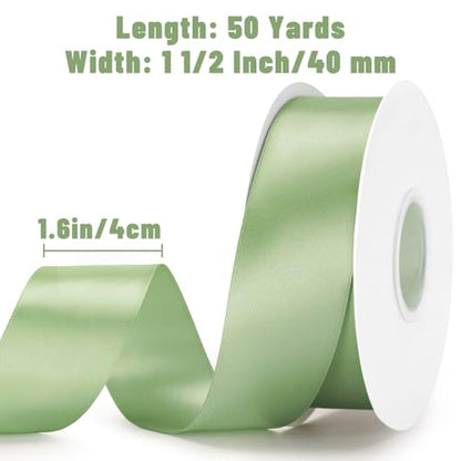 KINGLAKE Double Faced Sage Green Satin Ribbon - 1-1/2 Inch x 50 Yards - color: Sage Green