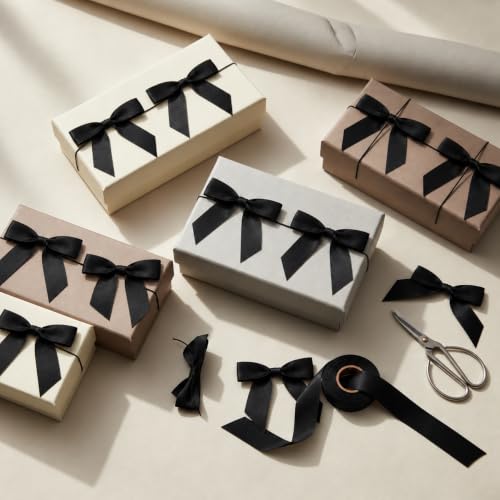 50 Pcs Black Satin Ribbon Twist Tie Bows, 2.75 Inch Pre-Tied Mini Bows with Wire for Gift Wrapping, Gift Bags & DIY Crafts - color: Black