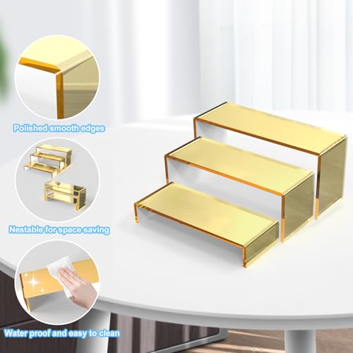 6 PCs 9 Inch Gold Mirror Acrylic Display Risers 3 Tier Stand - color: Golden 6 PCs