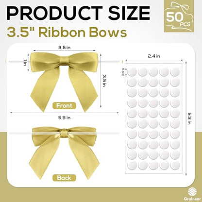 50 Pcs Gold Satin Ribbon Bows, 3.5" x 3.5", with Twist Ties - color: Gold