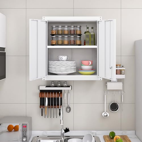 Metal Storage Cabinet with Lock, Kitchen Cabinets Wall Mounted, Steel Wall Cabinet with Doors and Shelf, Hanging Cabinet for Laundry, Pantry, Home Office, White - color: 28"h - White