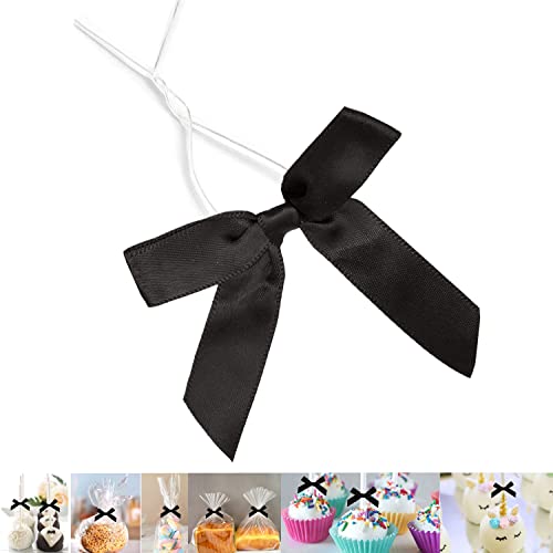 50 PCS 3 Inch Black Twist Bows for Treat Bags, Satin Twist Tie Bows, Pre Tied Bows with Wire, Ribbon Bows with Twist Ties, Bow Ties for Gift Bags, Popcorn Bags, Cookie Bags, Party Favors - color: Black, size: 50 Pack