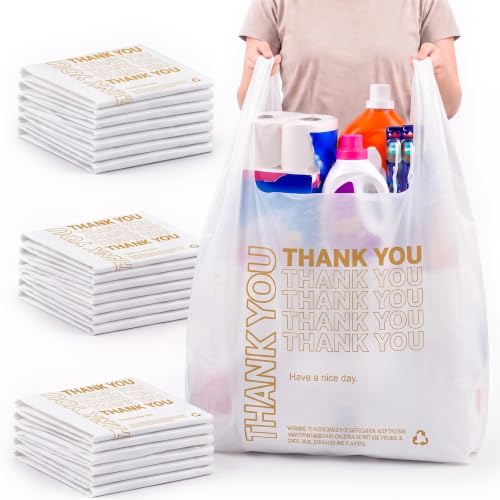 Fullhawl 100 Pack Thank You Plastic Shopping Bags with Handles, White
