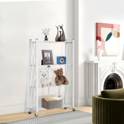 4-Tier Folding Shelf with Wheels No Assembly Portable Shelves - color: White, size: 4 Tier