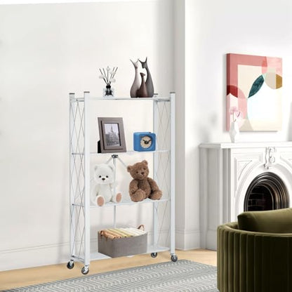 4-Tier Folding Shelf with Wheels No Assembly Portable Shelves - color: White, size: 4 Tier