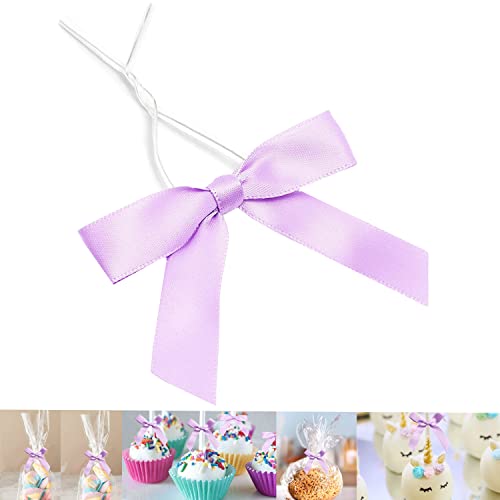 50 Pieces 3 inch Satin Ribbon Twist Tie Bows, Pretied Bows with Twist Ties for Treats Bags, Bow Ties for Treats, Cake Pops, Baby Shower, Crafts, Gift Wrapping Favors (Light Purple) - color: Light Purple, size: 50 Pack