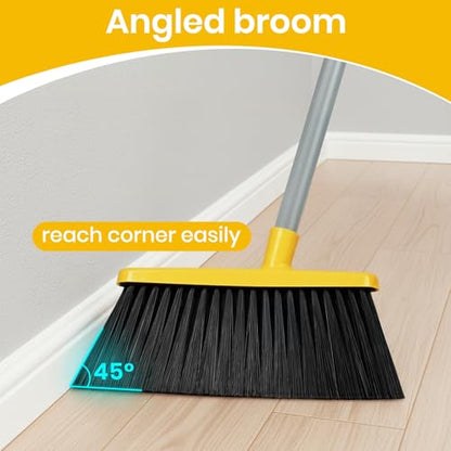 Stand Up Dustpan and Broom Set 50” Long Handle Broom with Dust Pan, with Self Cleaning Combe for Ergonomic Home Office Classroom Indoor Sweeping - color: Yellow