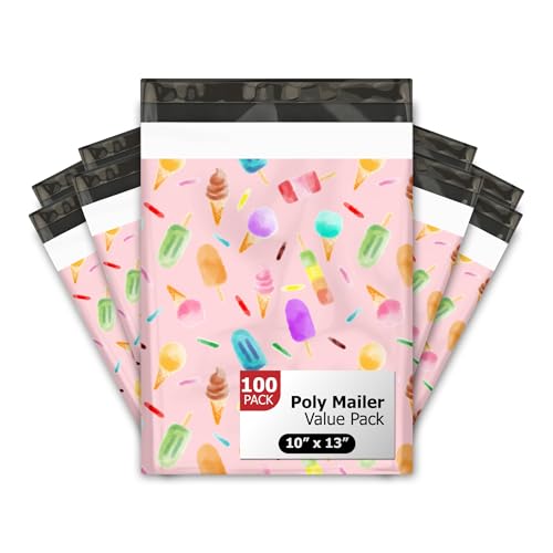 10x13 (100) Ice Cream Treats Summer Designer Poly Mailers Waterproof Self Sealing Tear Resistant Polymailers Shipping Envelopes Premium Printed Bags For Small Businesses - color: Ice Cream, size: 10x13 inches
