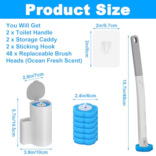 Ptwola 2 Pack Disposable Toilet Brush Holder Set Wall Mounted Extended Handle Toilet Bowl Cleaning Wand Stick Kit with 48 Refills Replacement Heads Pads for Bathroom Bathtub Deep Cleaners Maintenance