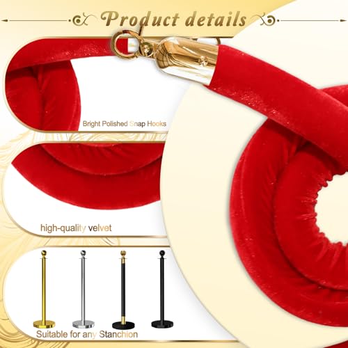 4PCS Red Velvet Stanchion Rope 5 Ft Crowd Control Ropes Barrier with Gold Hooks for Party - color: Red&Gold, size: 4PCS