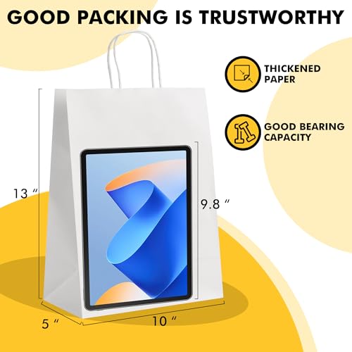 RACETOP Large White Kraft Paper Bags 100 Pack 10x5x13 in with Handles - color: White 10*5*13, size: 1 Count (Pack of 100)