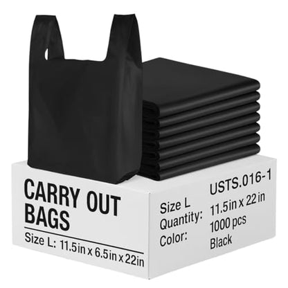 1000 Heavy Duty Black T-Shirt Bags – 11.5 x 6.5 x 22" Plastic Grocery Bags, Durable Carry Out Shopping Bags for Retail, Restaurant, Takeout