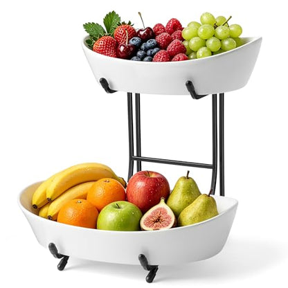 2 Tier Ceramic Fruit Bowl for Kitchen Counter with Black Metal Stand - color: Black, size: 2 Tier