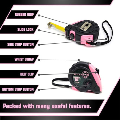 Bullseye Tape Measure 12 Foot 3-Pack | Pink | Small, Retractable Measuring Tapes with Pause Buttons | Easy-to-Read Standard and Metric Measurements for Adults and Kids | Inches and Centimeters - color: Pink