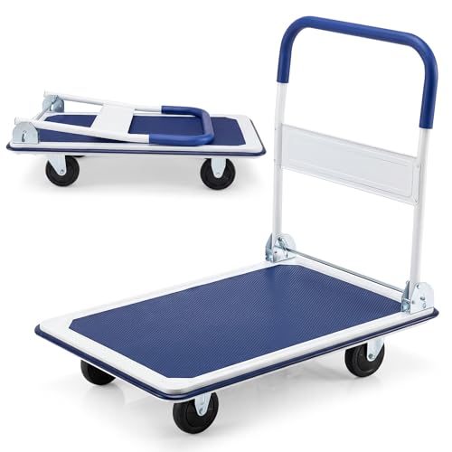 Folding Platform Hand Truck, Heavy-Duty Push Cart Dolly with 4 Wheels, Space-Saving Collapsible Metal Flat Bed Wagon for House Moving, Warehouse & Office, 660 LBS Weight Capacity