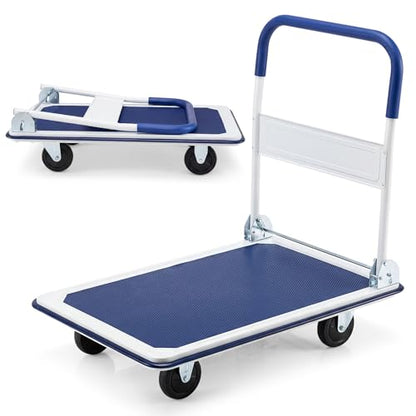Folding Platform Hand Truck, Heavy-Duty Push Cart Dolly with 4 Wheels, Space-Saving Collapsible Metal Flat Bed Wagon for House Moving, Warehouse & Office, 660 LBS Weight Capacity