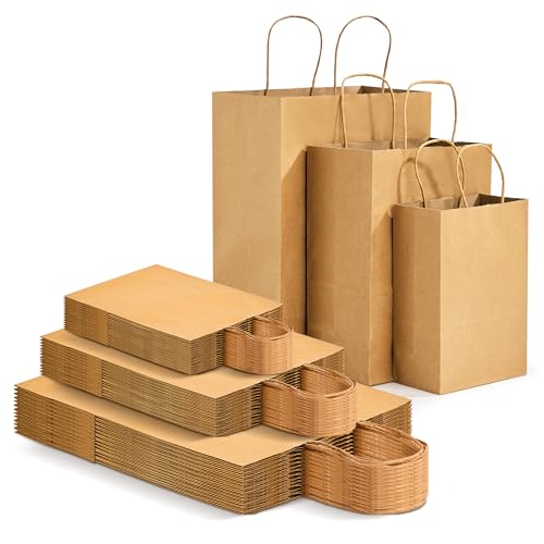 RACETOP Brown Kraft Paper Gift Bags 90 Pack 3 Sizes with Handles Bulk - color: Brown 10x5x13-8x4.5x10.8-5.8x3.2x8.25, size: 1 Count (Pack of 90)