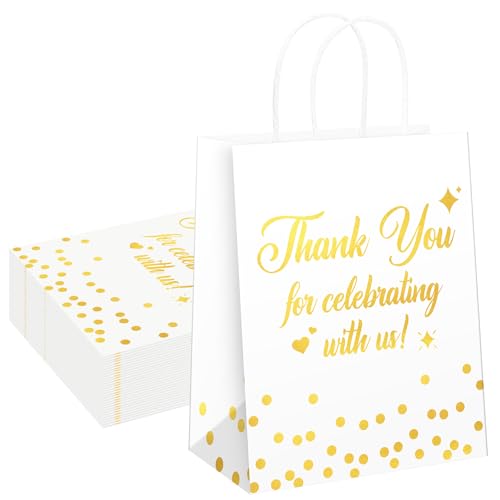QIELSER 30 Pack Thank You Gift Bags, White and Gold Wedding Gift Bags for Guests, 8 x 4.75 x 10 in Thickened Kraft Paper Bags with Handles, Wedding Welcome Bags for Parties, Showers & Events - color: White