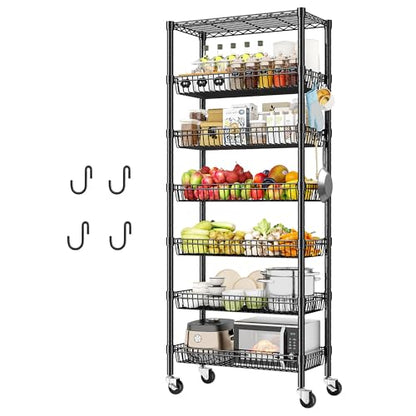 DurayLoly 7-Tier Wire Shelving Unit with Basket Shelf & Wheels - size: 72" H x 30" W x 14" D