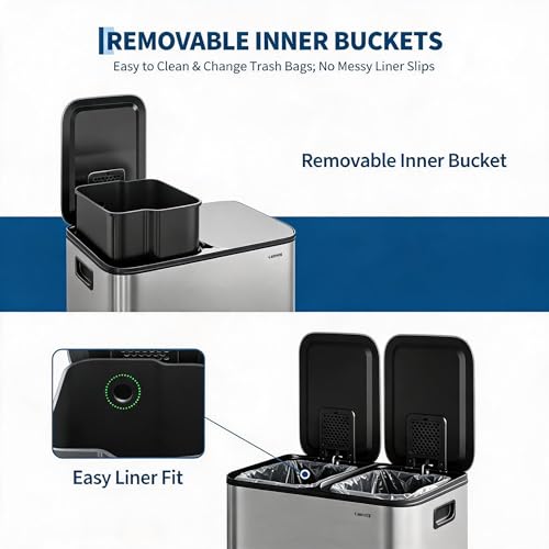 2x8 Gal Dual Compartment Stainless Steel Kitchen Trash Can with Lid, 30L+30L Recycling Garbage Bin, Soft Close Foot Pedal Trash Bin with 2 Removable Inner Buckets, Fingerprint Resistant for Home Offic - color: Stainless Steel, size: 2x8 Gal