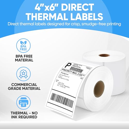 4"x6" Direct Thermal Label Roll, Shipping Labels with Perforated, Commercial Grade for Thermal Printer, 500 Labels/Roll, 4 Rolls (2,000 Labels Total) - size: 500*4 Roll Labels