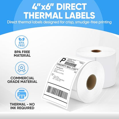 4"x6" Direct Thermal Label Roll, Shipping Labels with Perforated, Commercial Grade for Thermal Printer, 500 Labels/Roll, 4 Rolls (2,000 Labels Total) - size: 500*4 Roll Labels