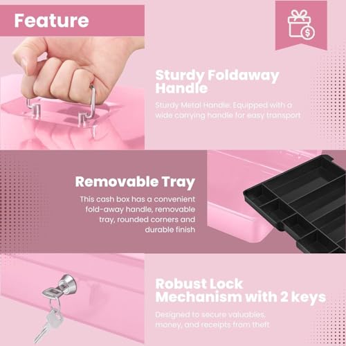 Flexzion Small Cash Box with Money Tray and Lock, 11.4-Inch, Pink - color: Pink