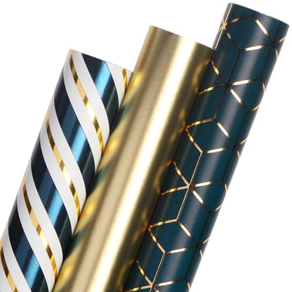 Ribbli Teal Gold Father’s Day Wrapping Paper Mini Roll, 3 Rolls Birthday Gift Wrap for Men Boy Friend Wedding - 17 inch x 120 inch(10feet) Per Roll - color: Teal/Gold