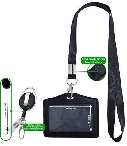 ID Card Case + Lanyard + Badge Holder Retractable Reel Carabiner and Plastic Clip (Genuine Leather Horizontal Black) - color: Horizontal Black