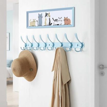 Dseap Coat Rack Wall Mount - 29.5” Long 8-Tri-Hooks Heavy Duty Coat Hanger Rail Wall Hooks for Hanging Coats Hats Clothing Clothes Purse Mudroom Entryway, Blue, Pack of 2 - color: Blue, size: L=29.5” (2 Pcs)