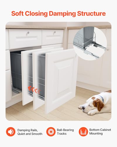VEVOR Pullout Trash Can for Kitchen Cabinets, 35 QT Garbage Waste Recycling Bin, Under Mount Waste Container, with Heavy Duty Metal Soft Close Sliding System and Door Kit, for Sink, Under Counter - size: 35 QT, style: With Soft Close