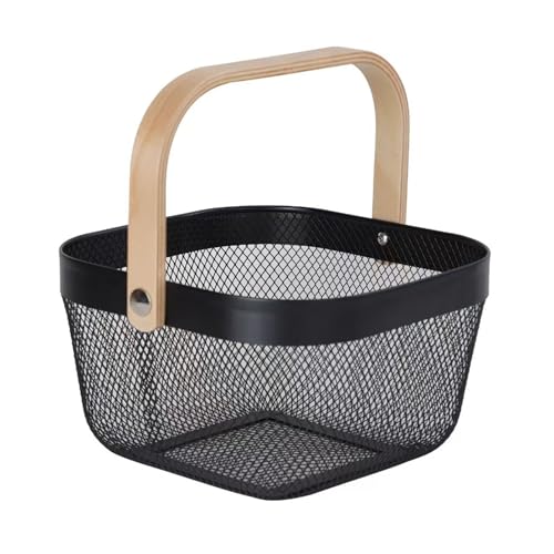 AJIODA Metal Mesh Wire Basket, Mini Steel Basket with Wooden Handle Storage Organizer Basket Multi-functional Hanging Kitchen Baskets Fruit Baskets for Kitchen Bathroom Cabinet Pantry Snacks, Black - color: Black, size: Mini