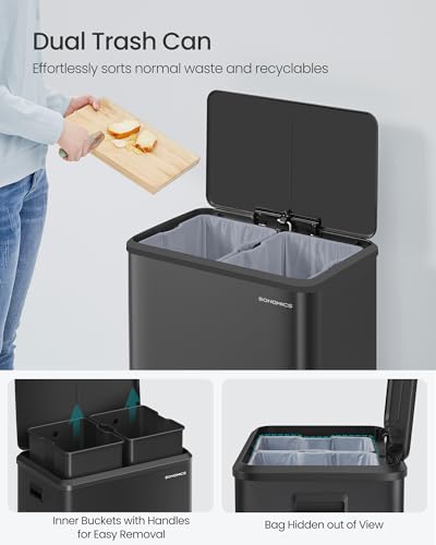 SONGMICS Trash Can, 2 x 8 Gallon (2 x 30 L), Stainless Steel - color: Ink Black