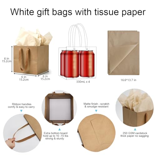Aosric Brown Square Gift Bags with Tissue Paper, 4 Pack 6x6x6 Inch - color: Brown