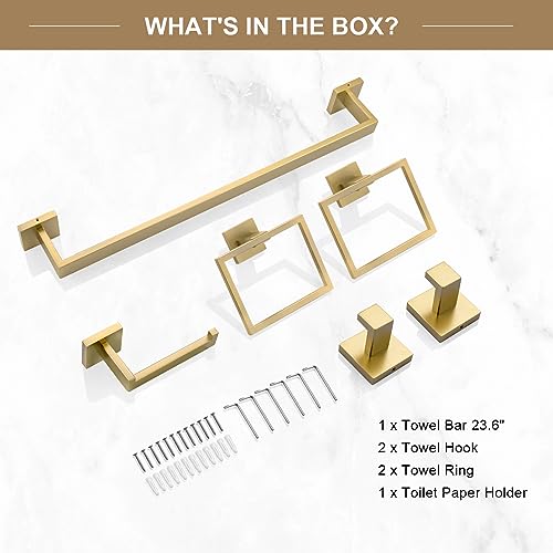 TQKAG 6-Piece Bathroom Towel Bar Sets Brushed Gold 23.6 inch Towel Bar Stainless Steel Towel Ring Coat Hook and Toilet Paper Holder Bathroom Hardware Set Wall Mounted Bathroom Accessories Kit - color: Brushed Dark Gold, size: 6-Pieces Set-A