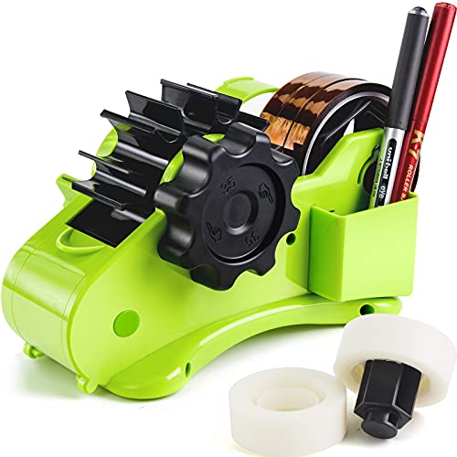 Green Packaging Tape Dispenser with Compartment Slot and 1"& 3" Dual-roll cores,semi-Automatic Desk 3/4" Heat Tape Dispenser & Cut, Designed for Office,School and Warehouse. - color: Green