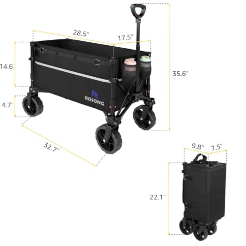ROSONG Collapsible Wagon Cart with Wheels Foldable - Folding Utility Heavy Duty Wagons Carts for Grocery Sports Garden Shopping Camping Wheelbarrows (Black, 120L)