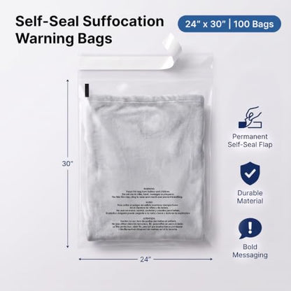 24" X 30" (100 Count) Self-Seal Clear Poly Bags With Suffocation Warning - size: 24" X 30"