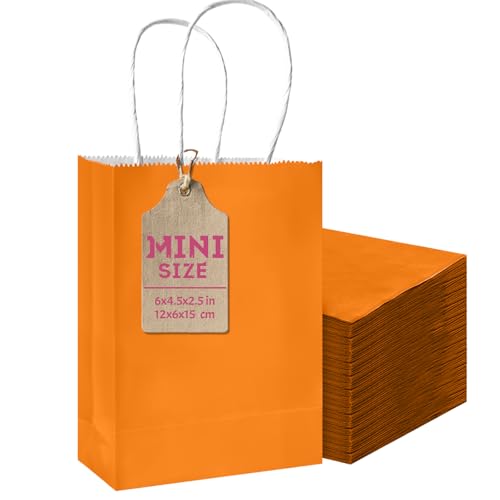qiqee 24PCS Mini Gift Bag with Handles Bulk 4.5"x2.5"x6" Gift Bags Salmon Bags Multiple Uses - color: Salmon