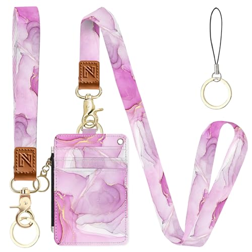 2-in-1 ID Badge Holder & Lanyard Wallet，Cute Zippered Pouch Pink Marble - color: Pink Marble