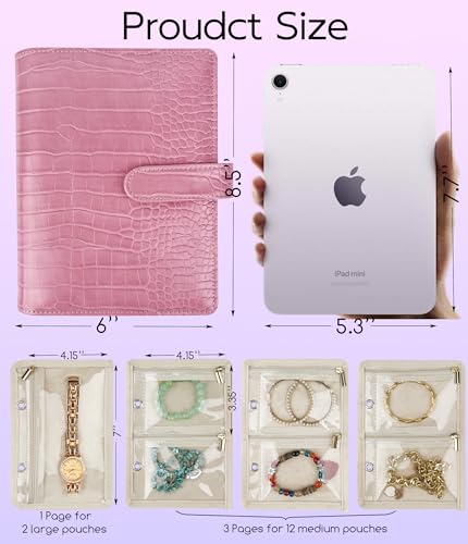Travel Jewelry Organizer Case,Small Jewelry Bags Jewelry Storage Book Ring Binder with Clear Zipper Velvet Pouch for Women Traveling,Earrings, Rings, Necklace, Bracelet (Pink) - color: Case,Pink