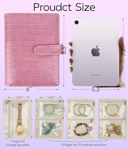Travel Jewelry Organizer Case,Small Jewelry Bags Jewelry Storage Book Ring Binder with Clear Zipper Velvet Pouch for Women Traveling,Earrings, Rings, Necklace, Bracelet (Pink) - color: Case,Pink