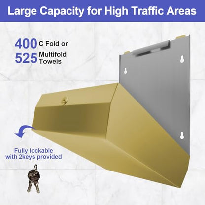 Stardrix Paper Towel Dispenser Wall Mount, Brushed Gold Stainless Steel Commercial Paper Towel Holder with Lock, Large Capacity 400 C Fold/525 Multifold Towels - color: Gold, size: 400 C Fold/525 Multi-Fold with Lock