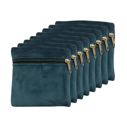 8pcs Small Velvet Jewelry Pouches with Zipper Gift Bags for Bracelet Necklace,Ring,Earrings,Earphone,Wedding Favors, Travel,3.94" X 3.94" (Peacock blue) - color: Peacock blue