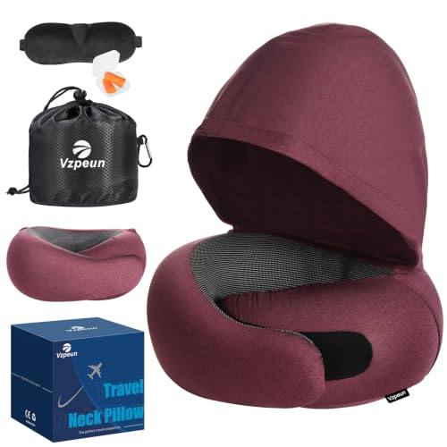 Travel Pillow - Hooded Neck Pillow Airplane Memory Foam Filling - color: Burgundy