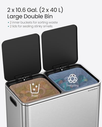 SONGMICS Trash Can, 2 x 10.6 Gallon (2 x 40 L), Silver and Black - color: Silver + Black, size: 2 x 10.6 Gallon