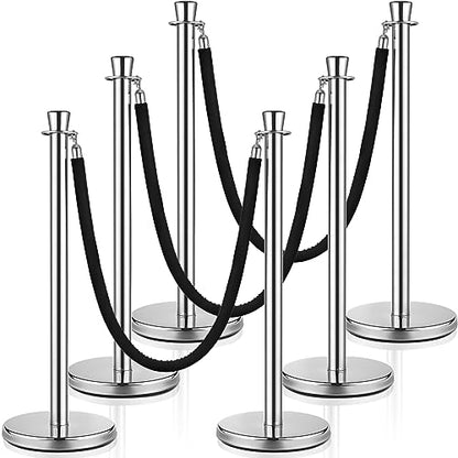 Wesiti 6 Pcs Stainless Steel Stanchion Post Queue with Crown Top 5 ft and 3 Pcs Velvet Rope and Poles Crowd Control Barriers Sand Injection Hollow Base and Velvet Ropes Set for Party (Silver, Black) - color: Silver, Black
